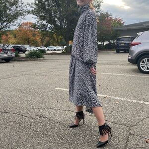 Ted Baker Black and White Floral Tiered Toddl Long Sleeve Midi Peasant Dress